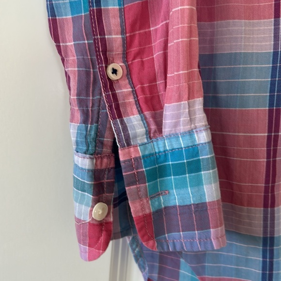 J Crew Classic Plaid Popover Blouse Pink Purple Turquoise - Picture 5 of 12